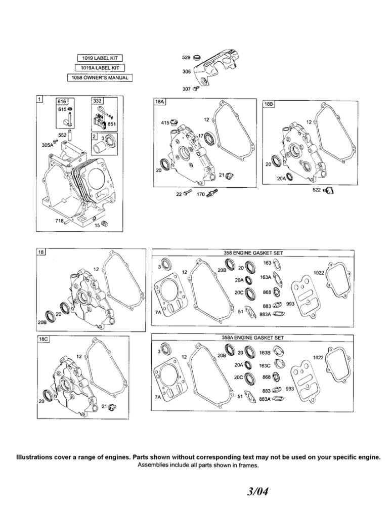 Cylinder/Engine Gasket Set Diagram and Parts List for 120400 0023-0242 Briggs and Stratton Engine